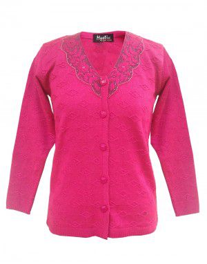 Ladies Cardigan FS Net Embroidery V Neck Pink