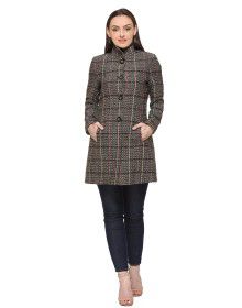 Women Woolen Coat button brown chk