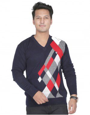 Men Sweater Plain V neck Colourful Stripes Design Navy