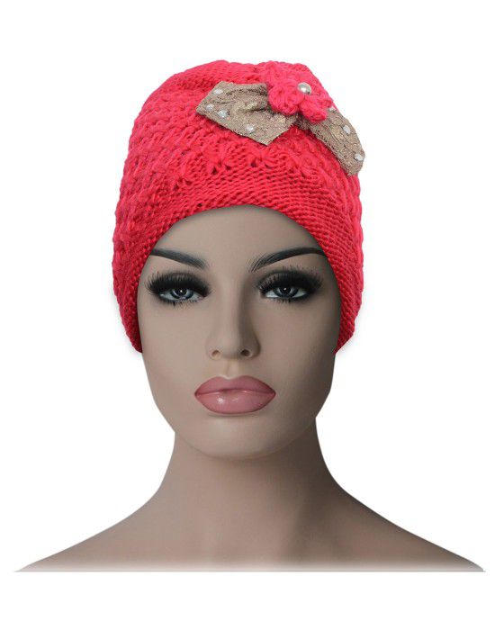 women cap Bow design with fur lining dark  pink