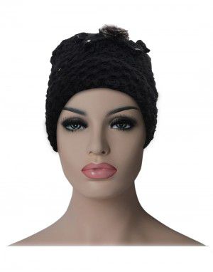 Women cap flower design with fleece lining black