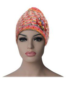 Women multi cap with flower design orange