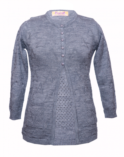 Shop Lady Cardigan Self Design With Pocket FS Grey at Woollen Wear