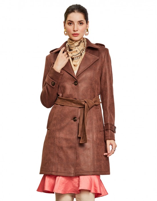 Shop Women Double brested Trench Coat Coat Coffee Color at Woollen Wear