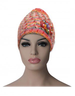 Women multi cap with flower design orange