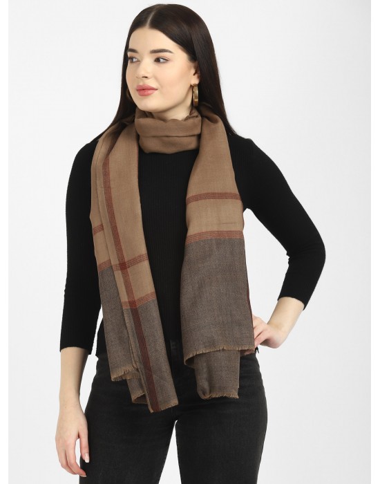 Women pure wool shawls plain self side strips  design brown