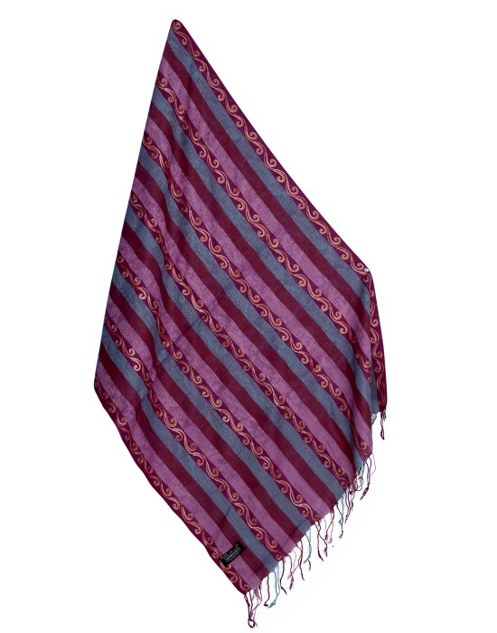 Woolblend Floral stole with multi thread stripes Pink